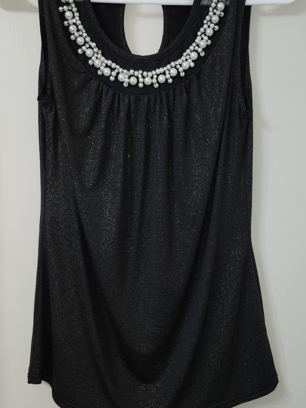 Sleeveless Black Pearl-Embellished Glitter Tank Top